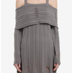 HT Social Collision Grey Cable Knit Destructed Cold-Shoulder Sweater Dress- XL
